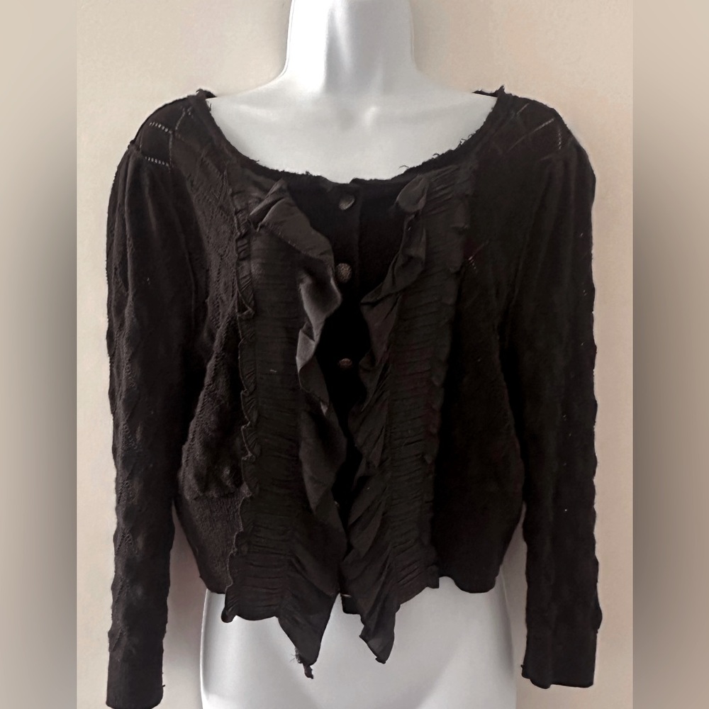 Free People Tiny Dancer Black Ruffled Cropped Cardigan Sweater | Size S